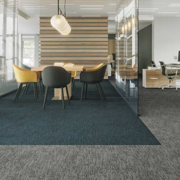 Office interior with Mannington Transmit carpet tiles in blue and gray