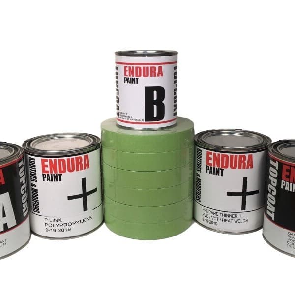 Endura Paint cans labeled A, B, and plus, with green tape roll