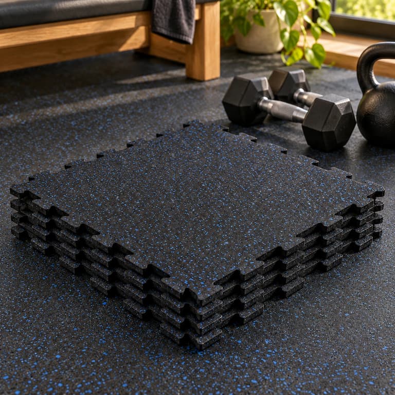 Stack of blue-fleck black interlocking rubber tiles beside dumbbells and a kettlebell in a sunlit home gym.