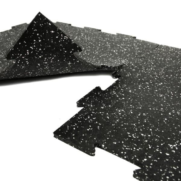 Sure Fit Rubber Tiles — black with white speckle, interlocking tile surface close-up
