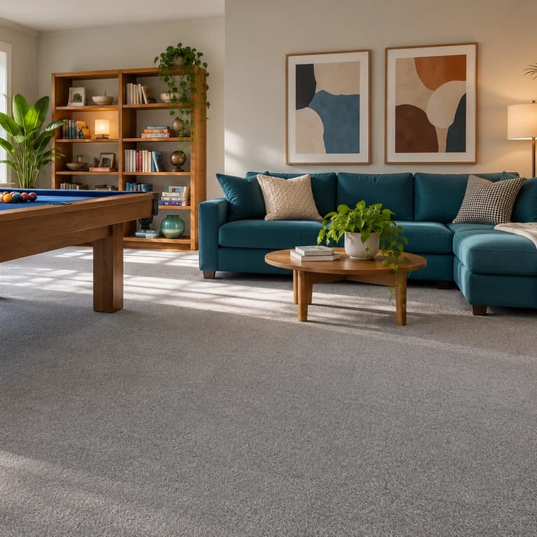 Teal sofa, blue pool table and oak furniture in a bright Light Gray carpet-tile recreation room.