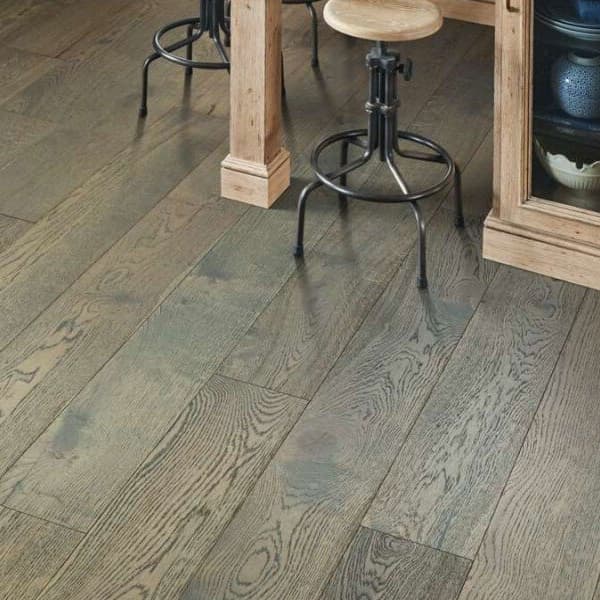 Shaw Couture Oak Engineered Wood, Chateau — kitchen floor with oak planks in grayish-brown tones under wooden island and