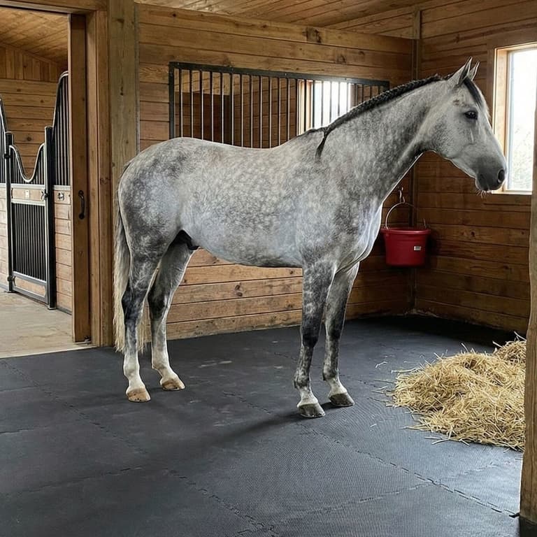 3/4" Portable Stall Mats, black EVA foam tiles in a horse stall