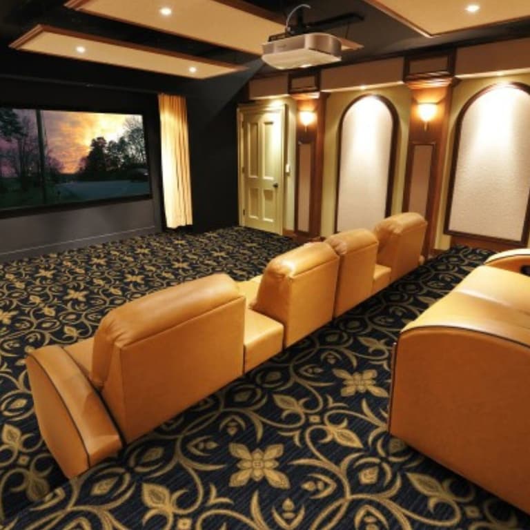 Home theater with navy and gold floral pattern carpet