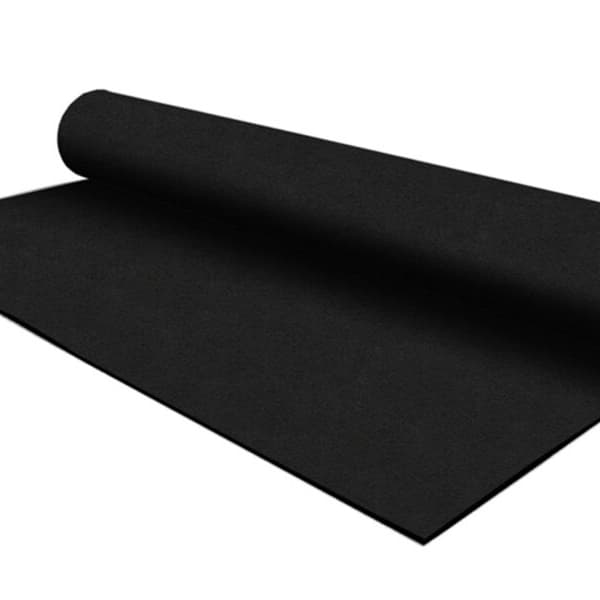 Pre-Cut 1/8" PowerGrip Rubber Rolls — black rubber flooring roll, partially unrolled on white background