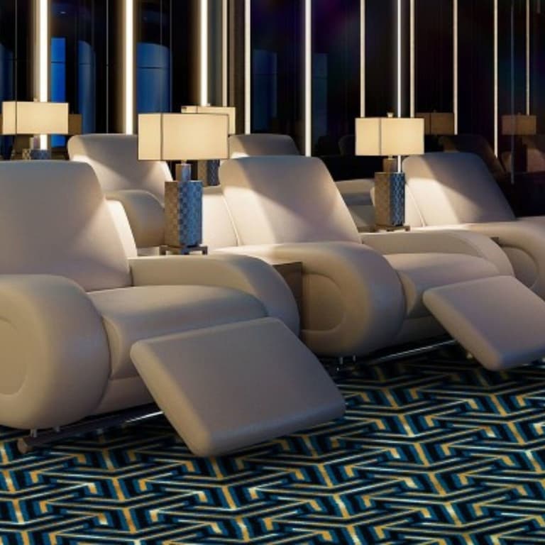 Joy Carpets Empire Carpet, Azure — geometric blue and gold patterned carpet flooring