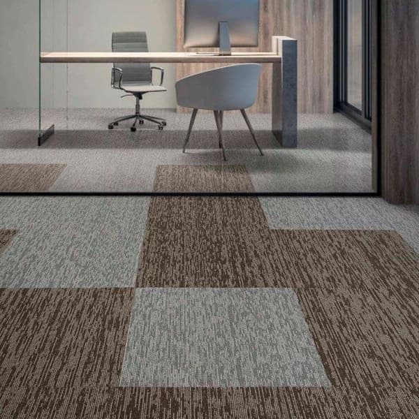 EF Contract Polaris Carpet Tiles in brown and light gray — modern office space with patterned carpet tile flooring
