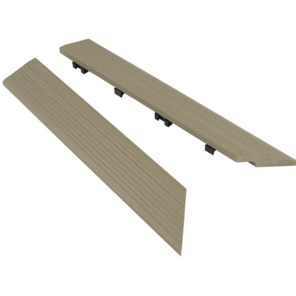 NewTechWood 12" Outside Corner Fascia — tan composite decking trim with ribbed texture and black fasteners, two pieces shown