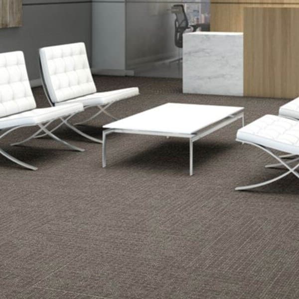 Shaw Weave It Carpet Tile, Cable pattern — modern office lounge with white chairs and coffee table on dark brown textured