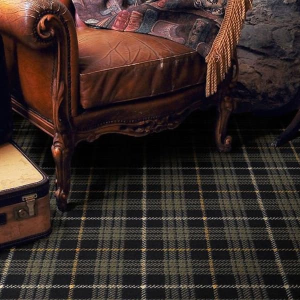 Joy Carpets Bit O' Scotch Carpet, Tartan Green — plaid carpet under leather armchair and vintage suitcase