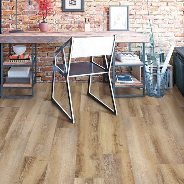 Waterproof vinyl planks in an industrial-style workspace with metal desk and modern geometric black and white chairs.