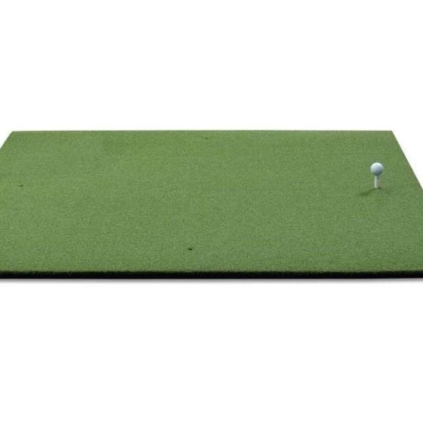 Premium Residential Golf Mat — green polypropylene artificial grass surface with golf ball and tee, ball holder on side