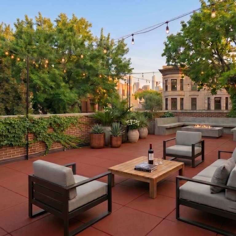 Roof deck with red rubber tiles, outdoor furniture, fire pit, and string lights overlooking city buildings