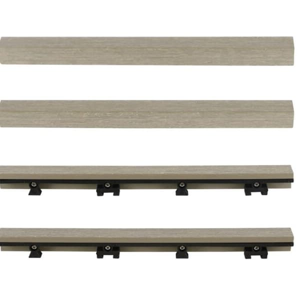 NewTechWood 12" Straight Trim — light gray wood grain WPC trim pieces with black fasteners, shown in four stacked views