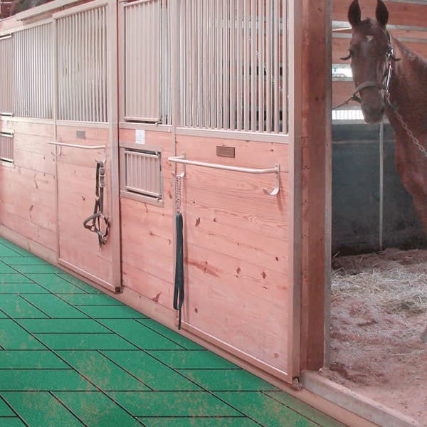 Horse stall mats in barn with horse.