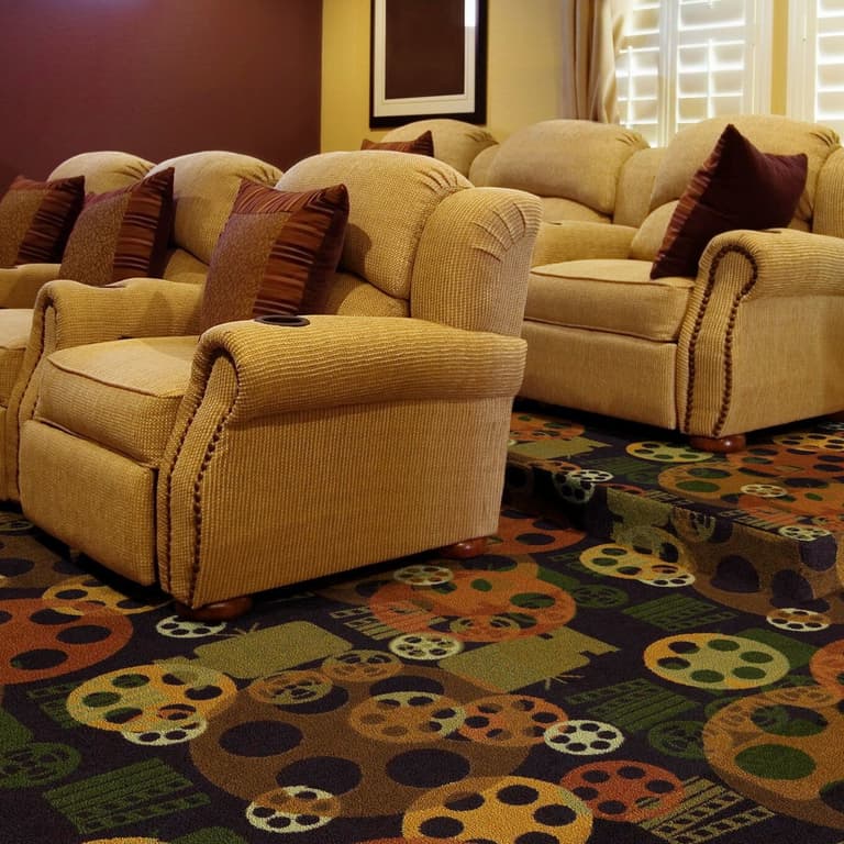 Joy Carpets Blockbuster Carpet, Multi — home theater with recliners on a patterned carpet featuring film reels in navy