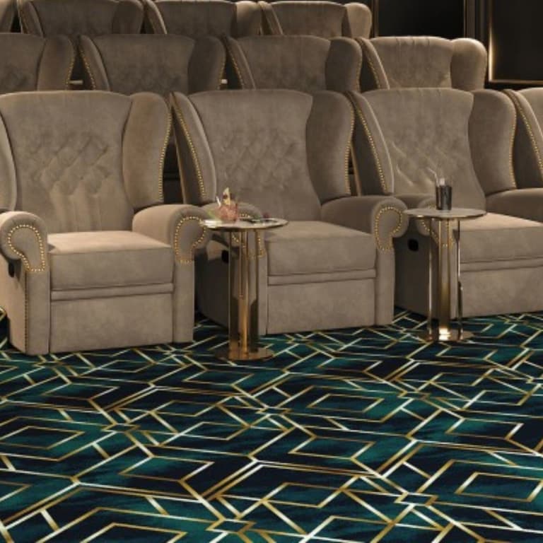 Joy Carpets Radio City Carpet, Emerald — geometric patterned carpet in deep teal and gold