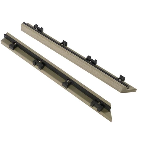 NewTechWood 12" Inside Corner Trim — light brown wood-grain WPC trim pieces with black fasteners