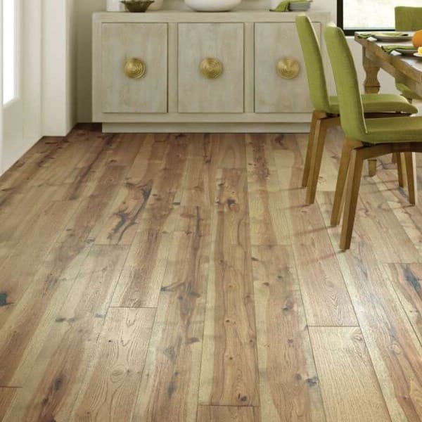 Shaw Reflections Hickory Engineered Wood, Luminous — dining room with light brown hardwood flooring under a wooden table and