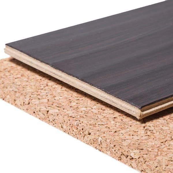 12mm Eco-Cork Sheet Underlayment, Natural — cork underlayment sheet with dark wood flooring plank on top, close-up view