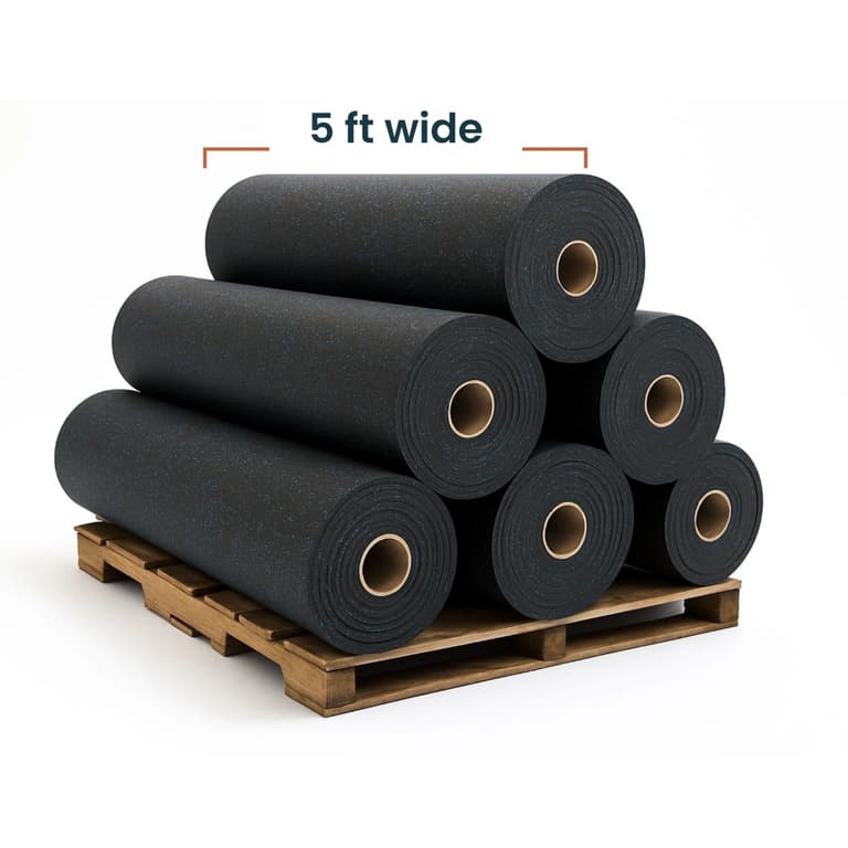 Rubber flooring rolls stacked on a wooden pallet with a 5 ft wide indicator above the upper roll.