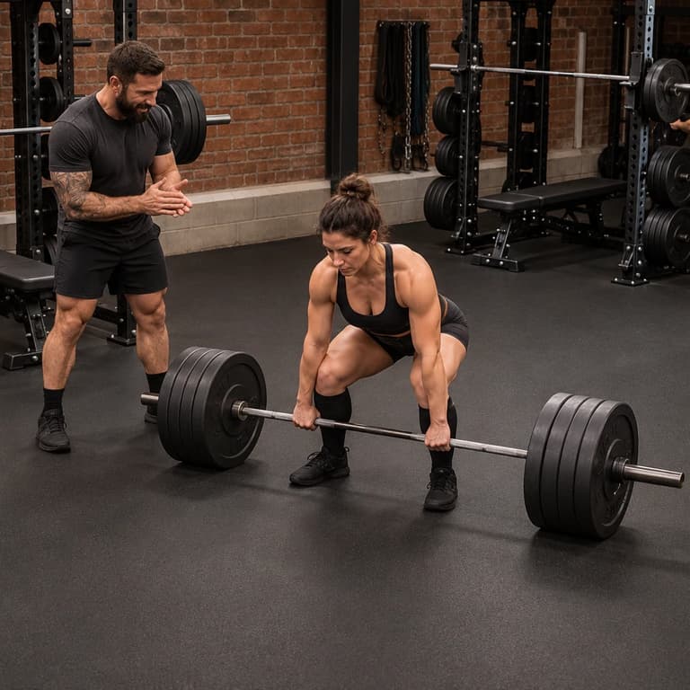 Female powerlifter prepares a grounded barbell deadlift with a training partner in an industrial gym on Black rubber rolls.
