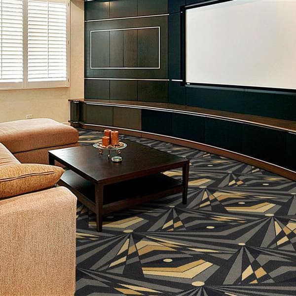 Home theater with Joy Carpets Deco Strobe carpet, charcoal and gold geometric pattern
