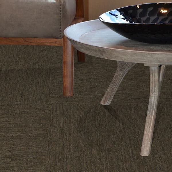 Living room with Pentz Fast Break carpet tiles in dark brown