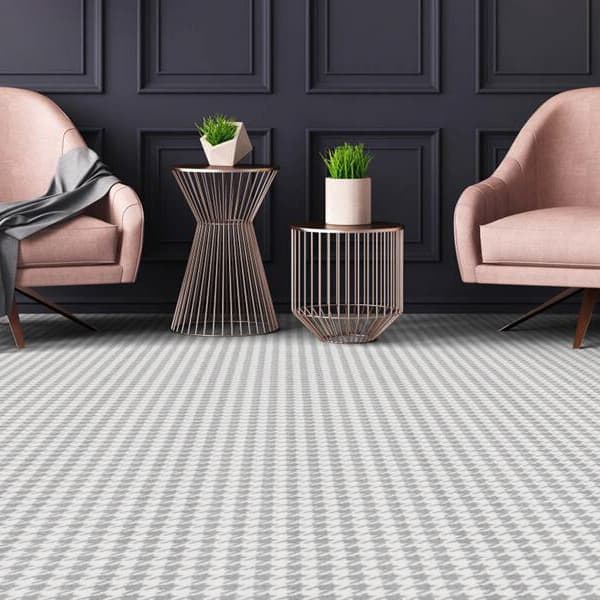 Joy Carpets Windsor Carpet, Mist — living room with houndstooth pattern carpet