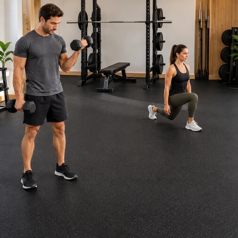 Two adults doing simple dumbbell and bodyweight exercises on fine matte Black continuous rubber flooring in a bright equipped home gym.