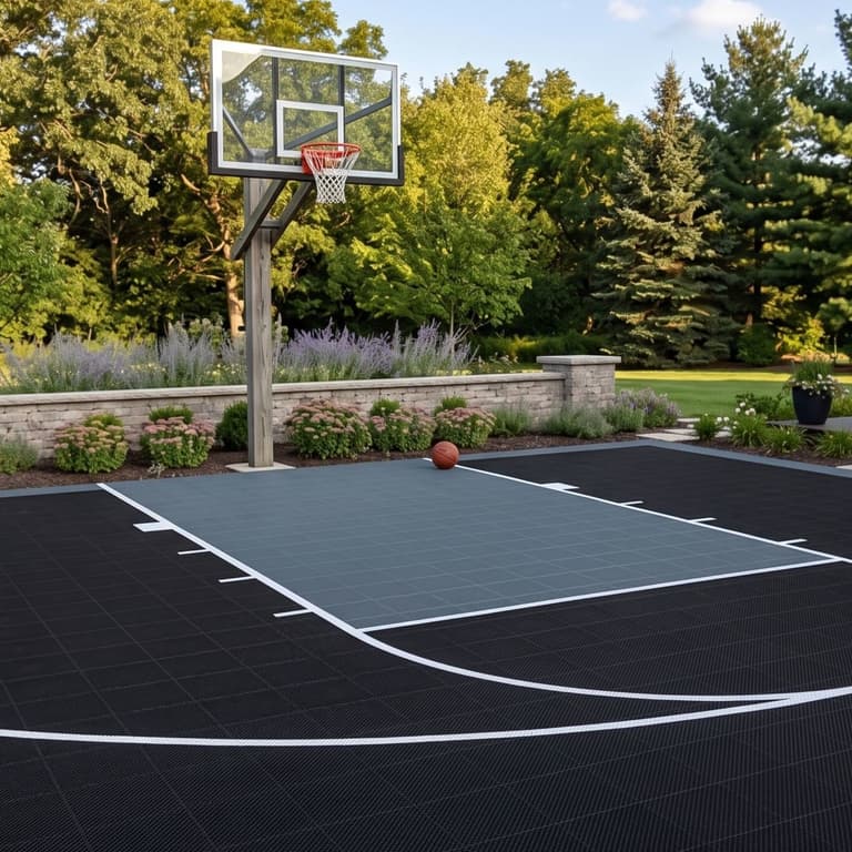 Landscaped backyard basketball half court with black outer tiles and graphite key.
