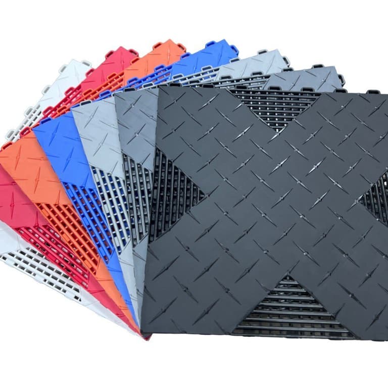 Hybrid-X Vented Diamond Garage Tiles — black, dark gray, orange, racing red, royal blue, silver, white polypropylene tiles