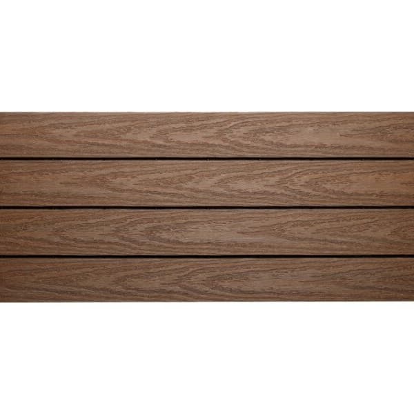 NewTechWood UltraShield 12" x 36" deck tile, Peruvian Teak — close-up of four planks showing wood grain texture