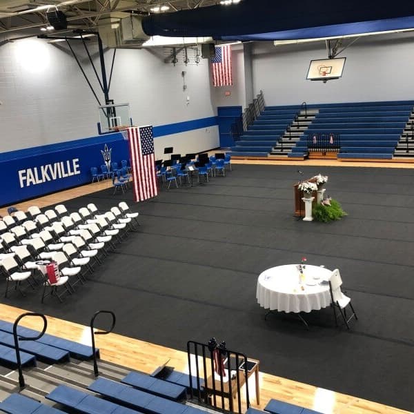 Gym Pro Eco-Roll Floor Covers, gray — gymnasium floor covering installed in a gymnasium