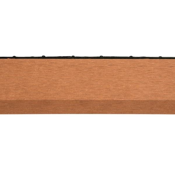 Helios Male Edge composite decking board, red — close-up of the edge showing wood grain texture and black locking strip