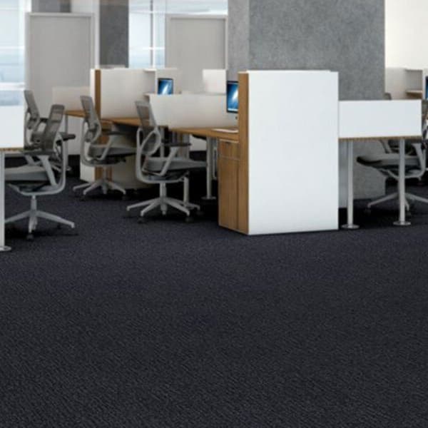 Shaw Step Right In Walk-Off Carpet Tile, Stride — dark gray textured carpet tile in an office workspace with cubicles and
