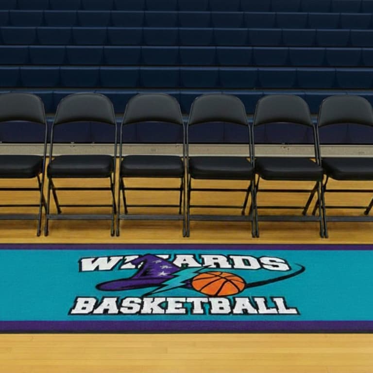 Aqua custom logo floor mat with "Wizards Basketball" design on gym floor
