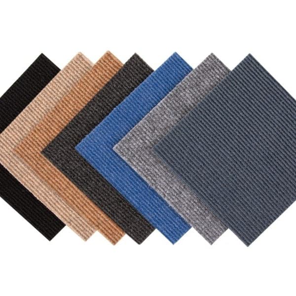 Berber carpet tile samples in black, tan, brown, gray, and charcoal colors are displayed in a fan arrangement.