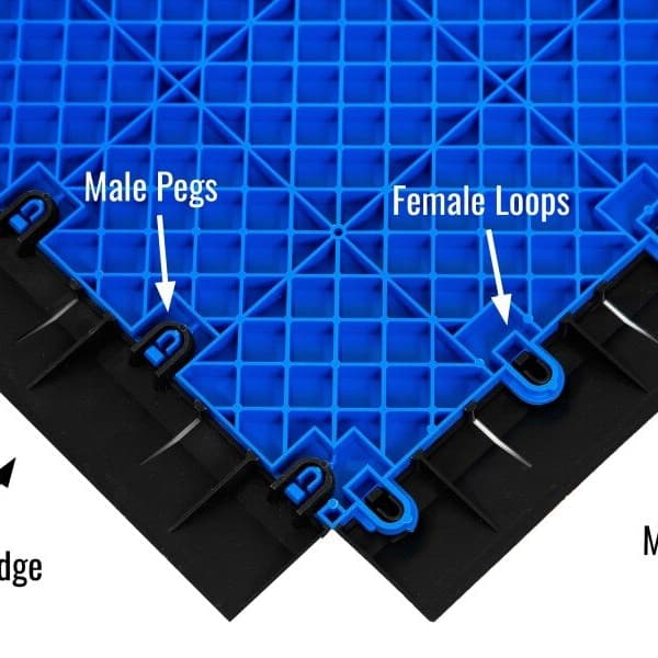ProGym Female Edge — royal blue polypropylene court flooring tile showing interlocking male pegs and female loops