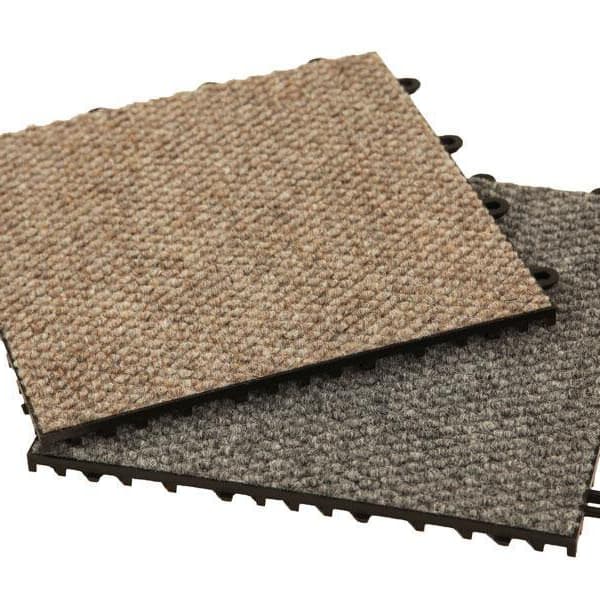 Carpet-Loc Tiles, Tan and Charcoal — polyolefin carpet tiles with interlocking edges, stacked on white background