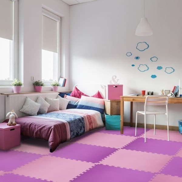 Pink and purple soft foam interlocking tiles in child's bedroom.