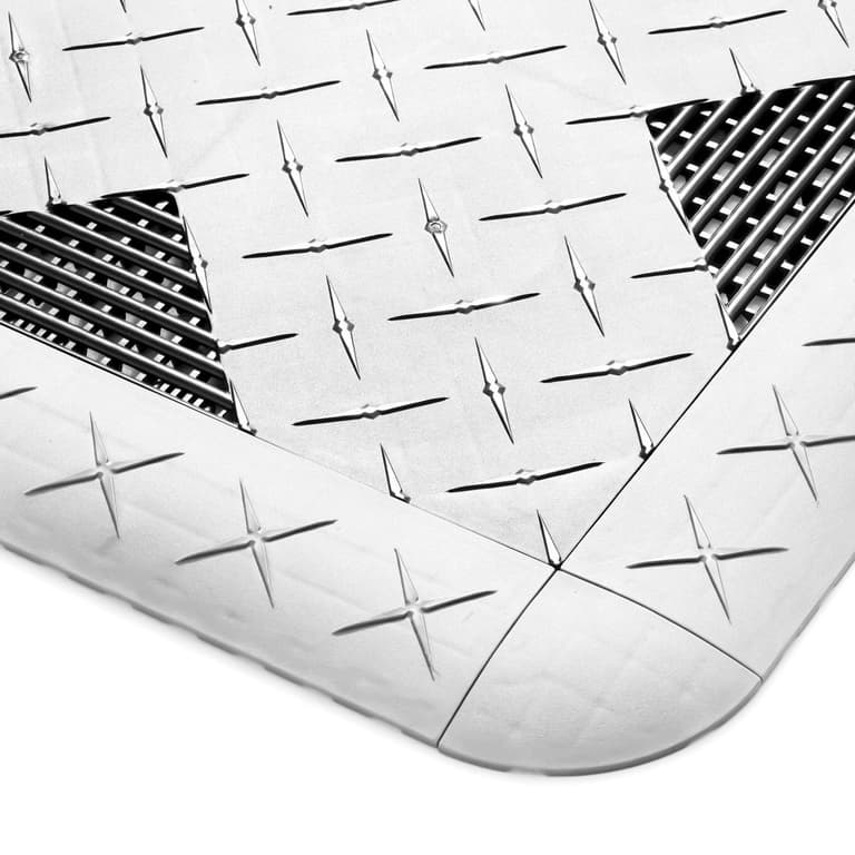 Hybrid-X Corner Guard, silver — garage tile corner protector with diamond plate texture and black grating insert