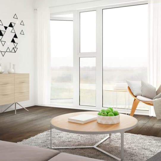 Living room with dark brown Smokey Mountain Oak engineered hardwood flooring