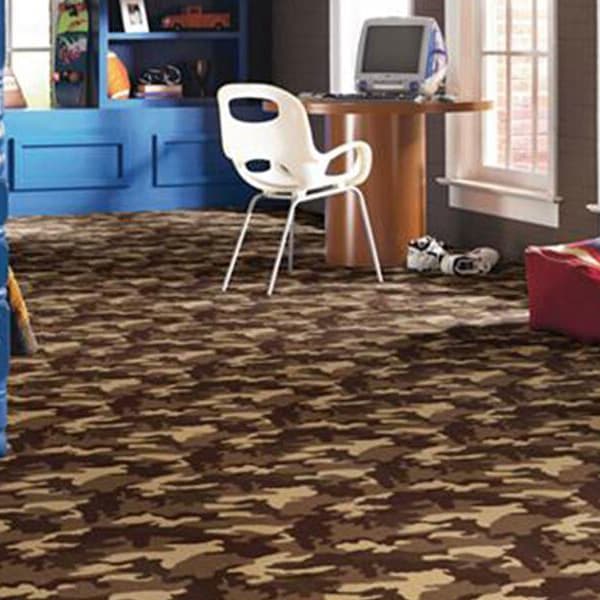 Shaw Camouflage Carpet, Take Cover — brown and tan camouflage pattern carpet in a bedroom