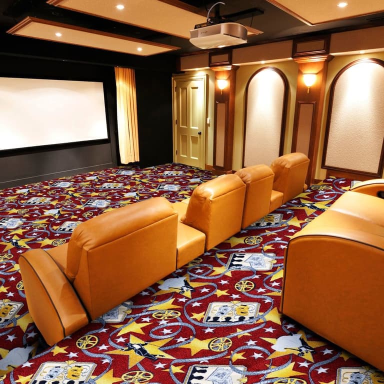 Home theater with red carpet featuring movie reel and star pattern