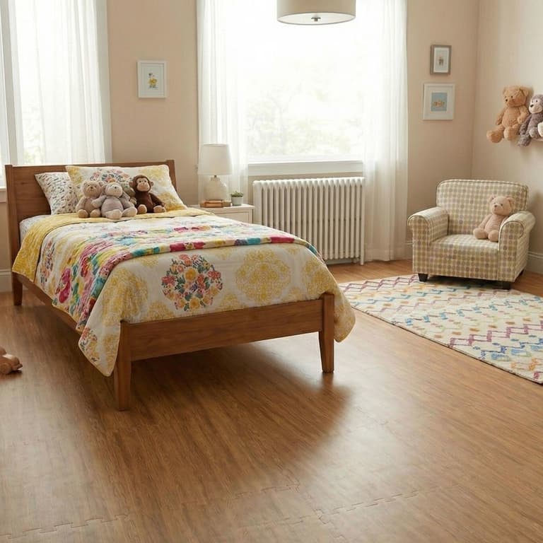 Child's bedroom with light wood foam floor tiles under bed, rug, and furniture