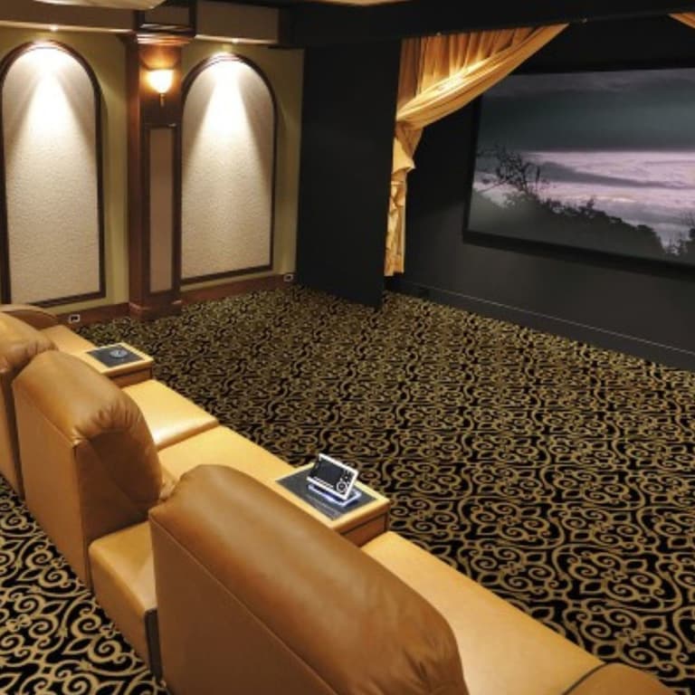 Home theater with Joy Carpets Cathedral Carpet in black and gold swirl pattern