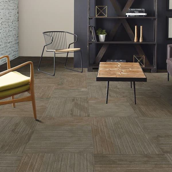 Shaw Declare Carpet Tile, Press Box pattern — living room with carpet tile flooring, neutral tones