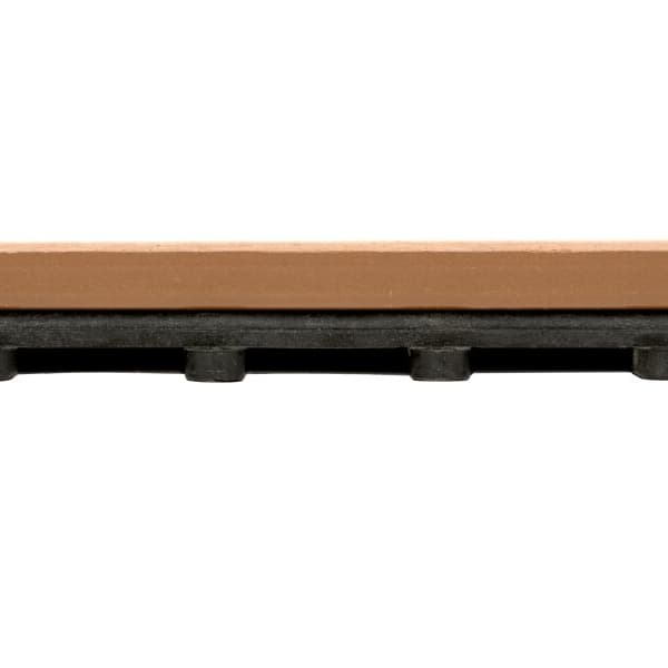 Helios Female Edge composite decking — tan board with black interlocking edge detail close-up