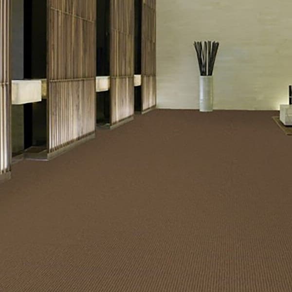 Shaw Beacon II Outdoor Carpet in Bittersweet — hallway with brown carpet flooring and wooden slat walls